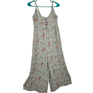 Camellia Women's Lite Blue Floral Romper Smocked Back V-neck Button Front Size M